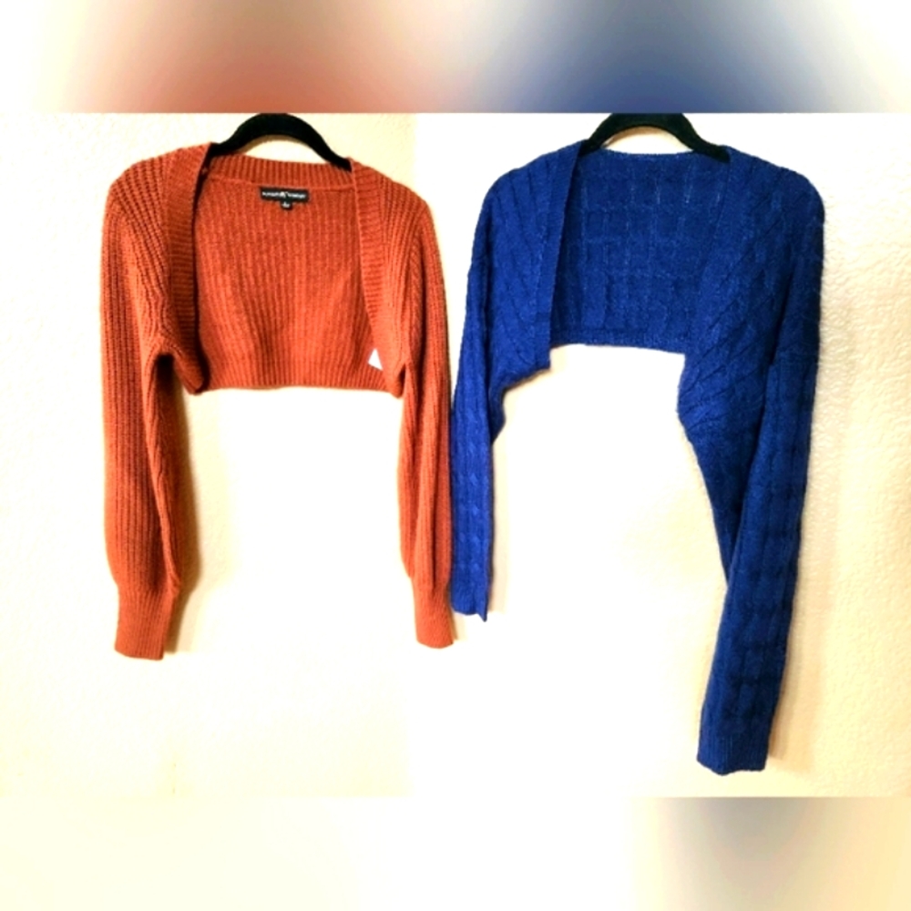 Two Knit Shrug Cropped Sweaters Size L + Free Poncho